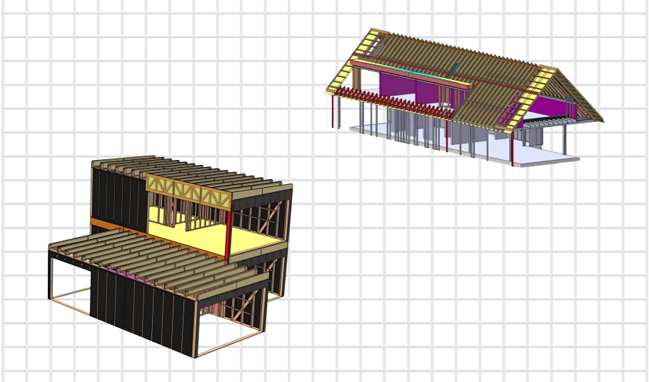 3D modelyje suprojektuoto karkasinio namo konstrukcija